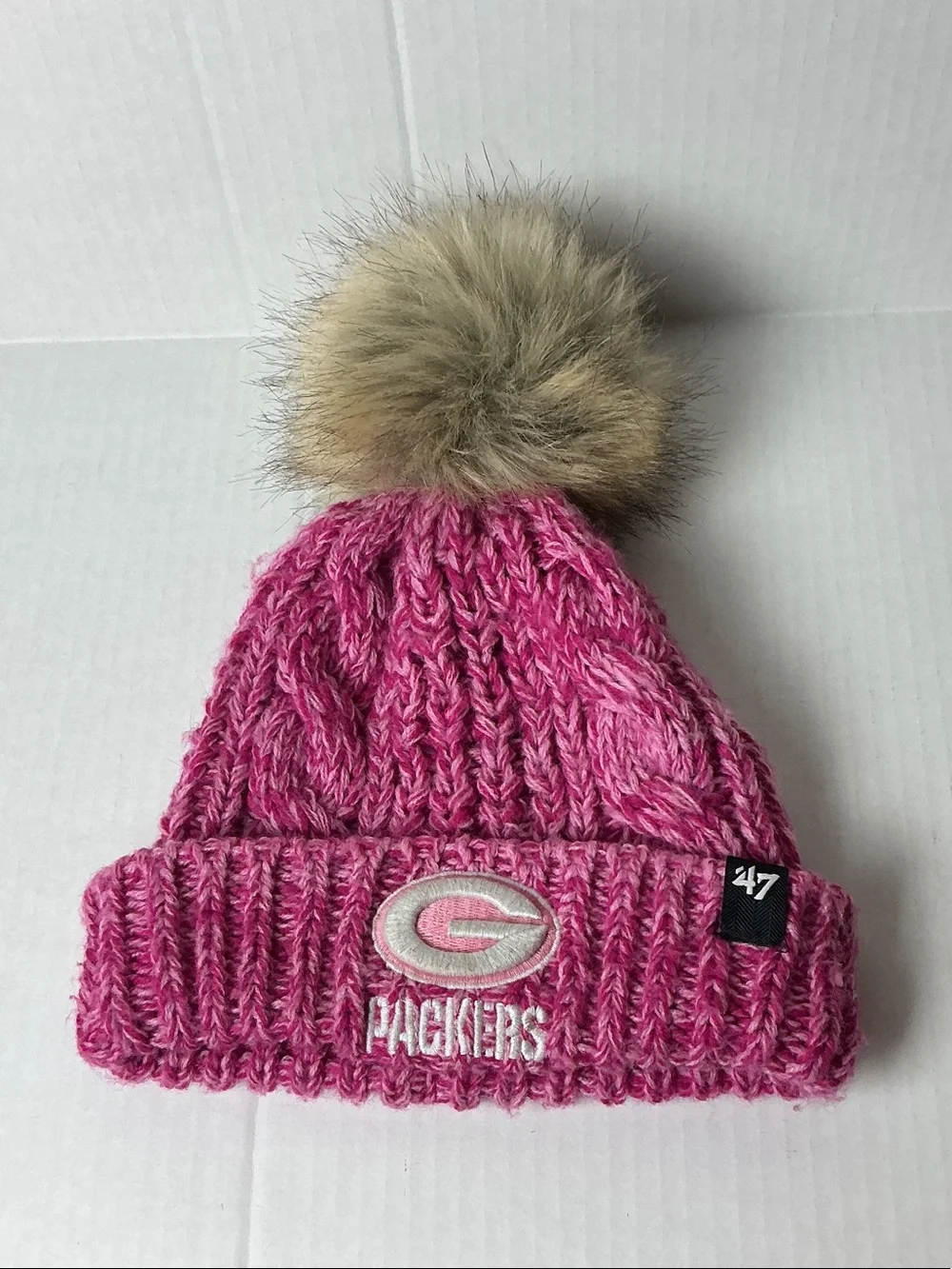 47 Kids Pink Knit Beanie with Faux Fur Pom